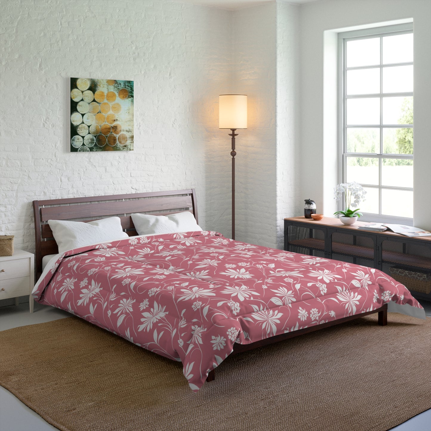 Simple White Flower on Pink Pattern Comforter