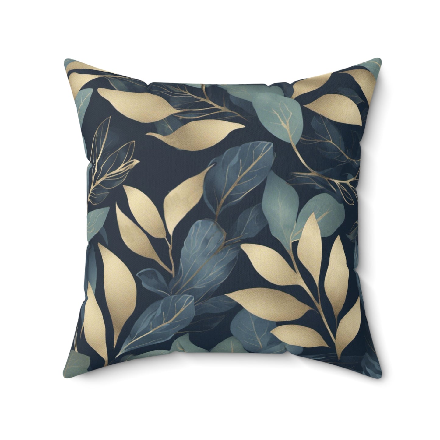 Green, Gold and Teal Leaves on Indigo Polyester Square Pillow