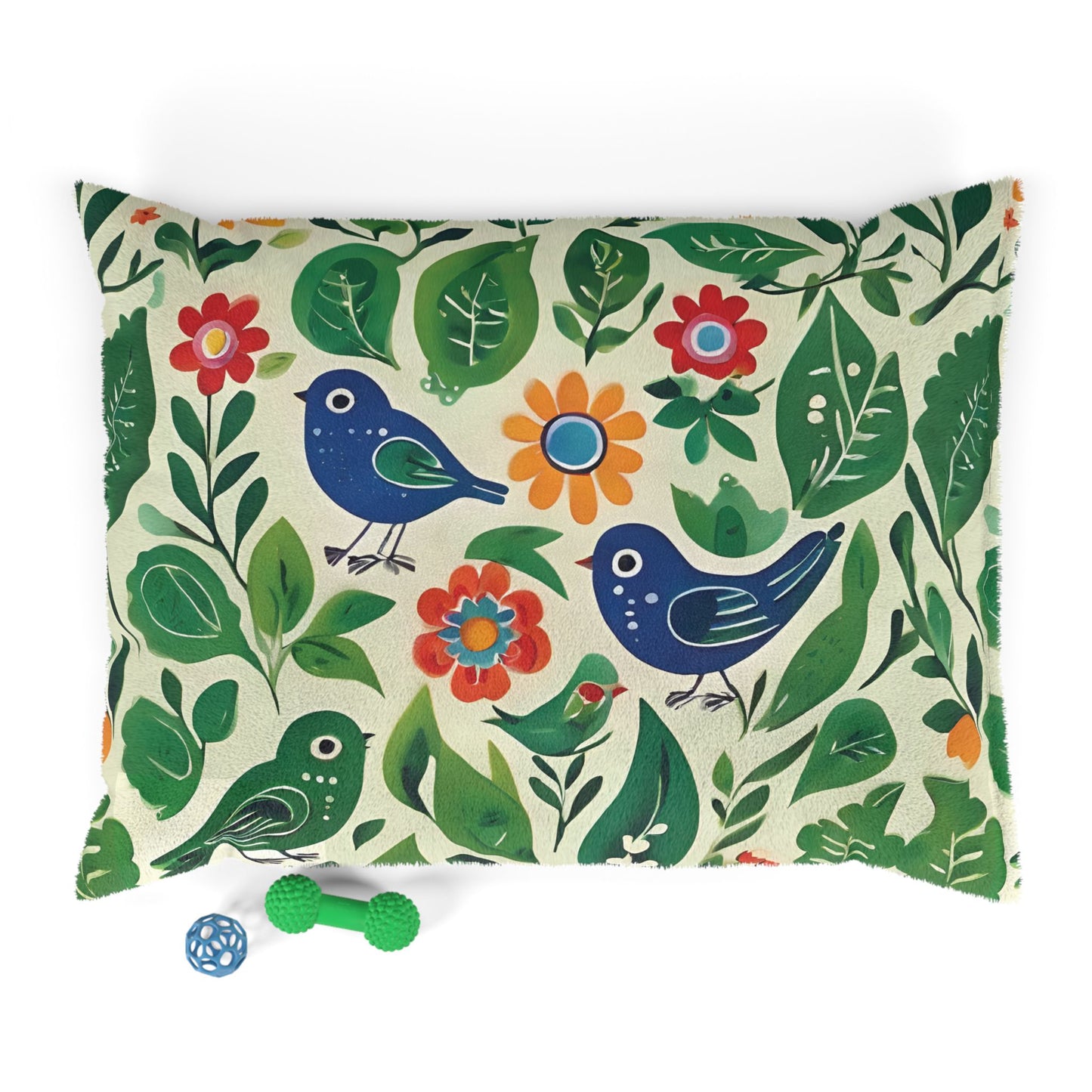 Bright Birds, Bright Green Leaves, Bright Flowers, Folk Art Puppy Mattress, Pet Bed.