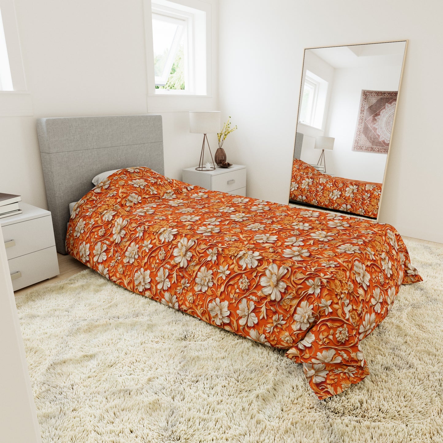 White Flowers on Apricot Duvet Cover