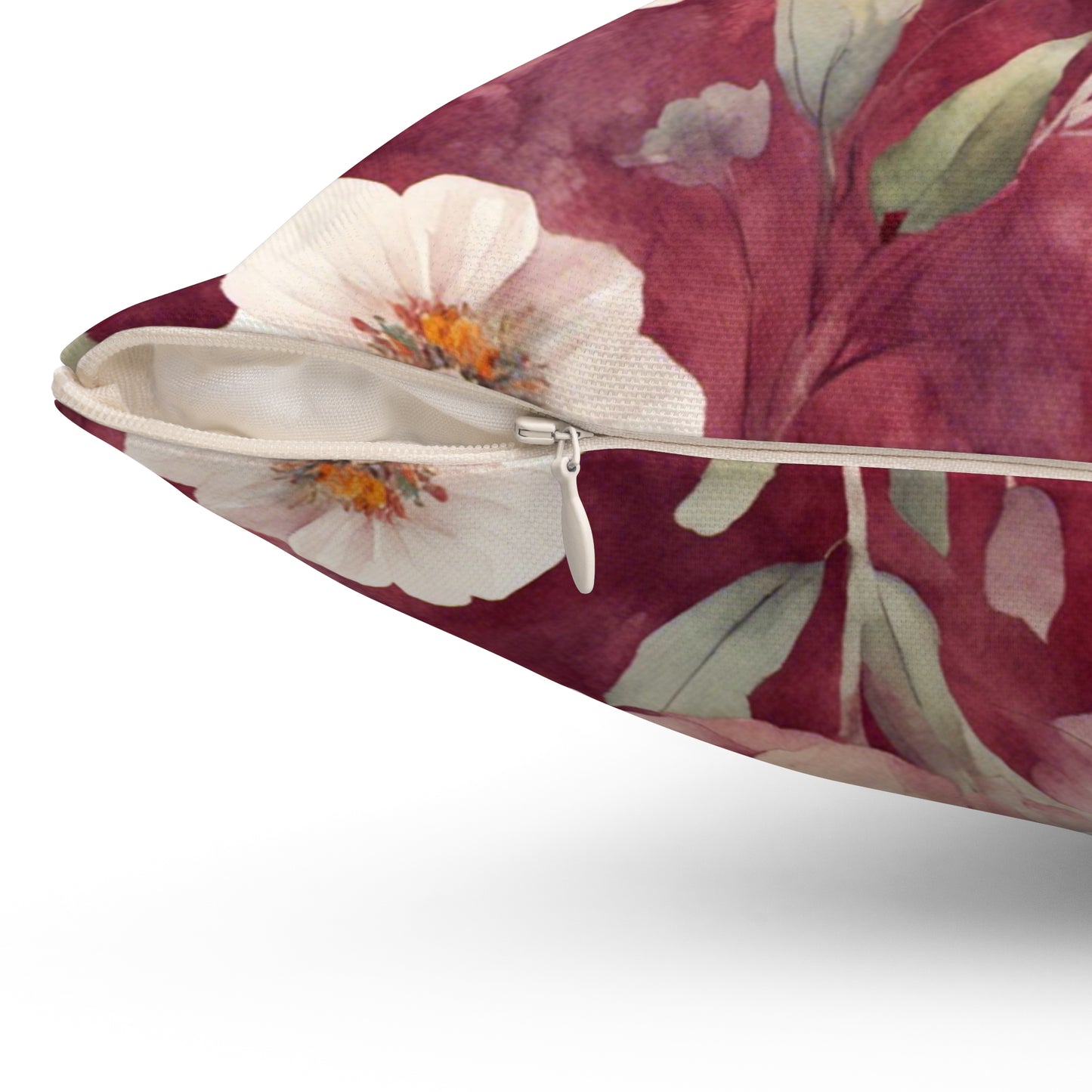 White Roses on Plum Red Polyester Square Pillow