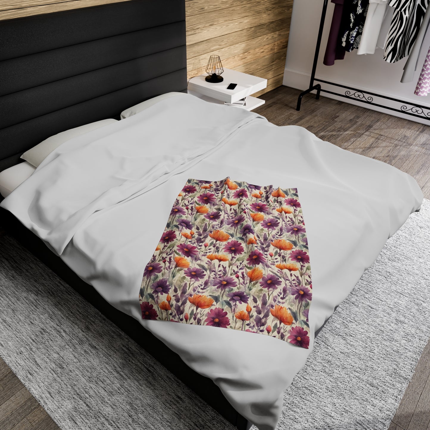 Plum and Apricot Wildflowers Velveteen Plush Blanket