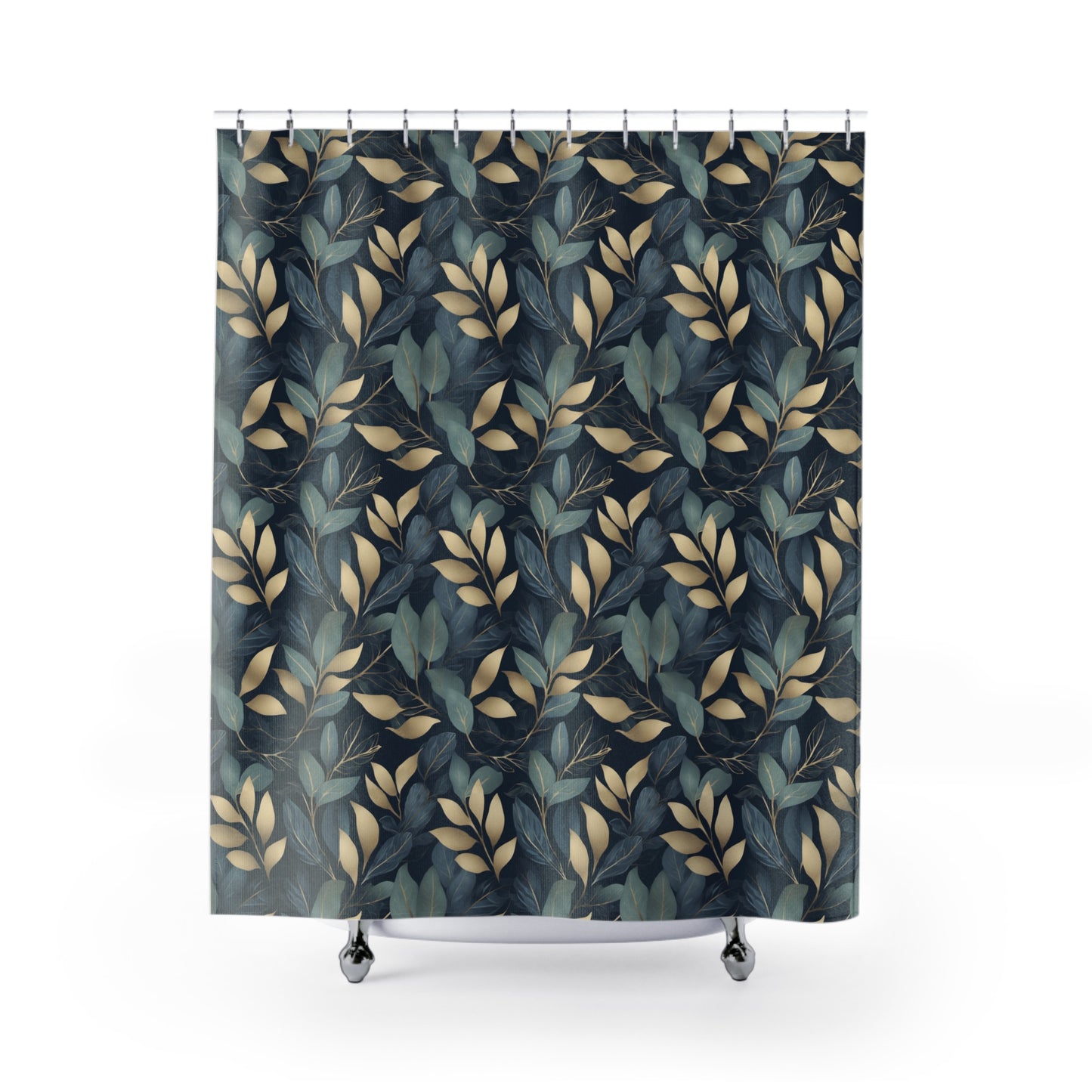 Green, Gold and Teal Leaves on Indigo Shower Curtains