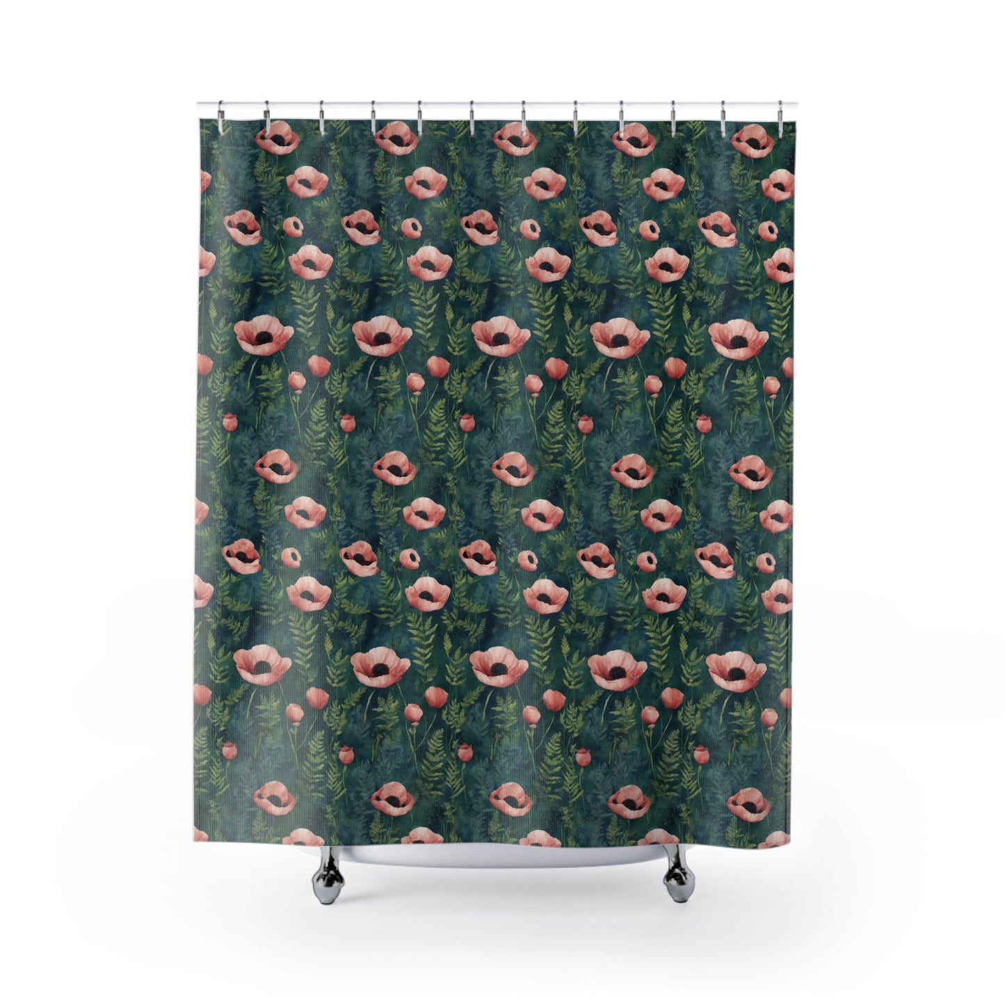 Pink Poppies on Dark Green Shower Curtains