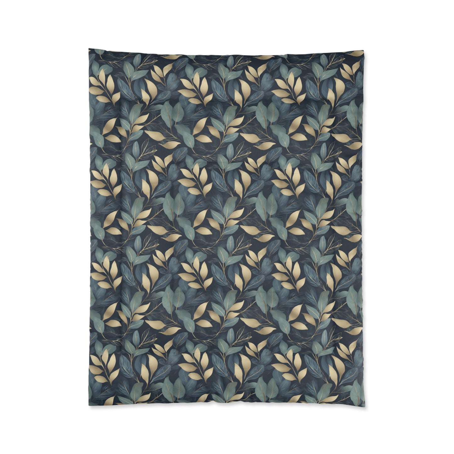 Green, Gold and Teal Leaves on Indigo Comforter