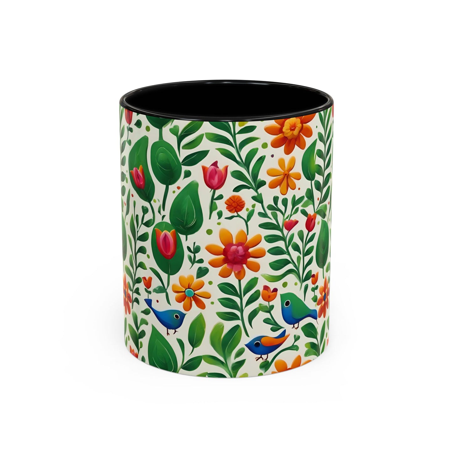 Bright Garden Birds, Leaves and Flowers Coffee Mug, 11oz