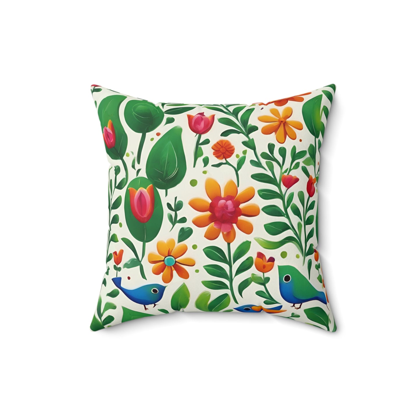 Bright Garden Birds, Leaves and Flowers Polyester Square Pillow