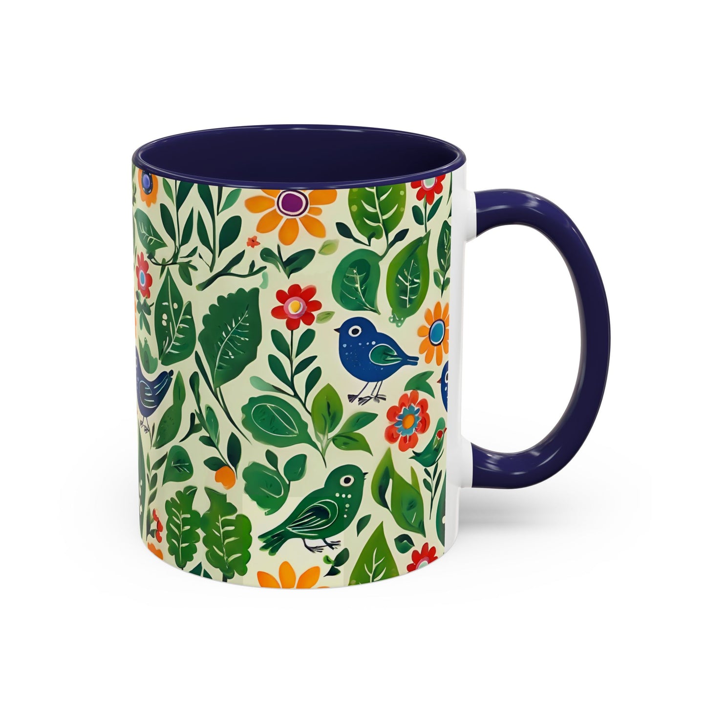 Bright Birds, Bright Green Leaves, Bright Flowers, Folk Art Coffee Mug, 11oz