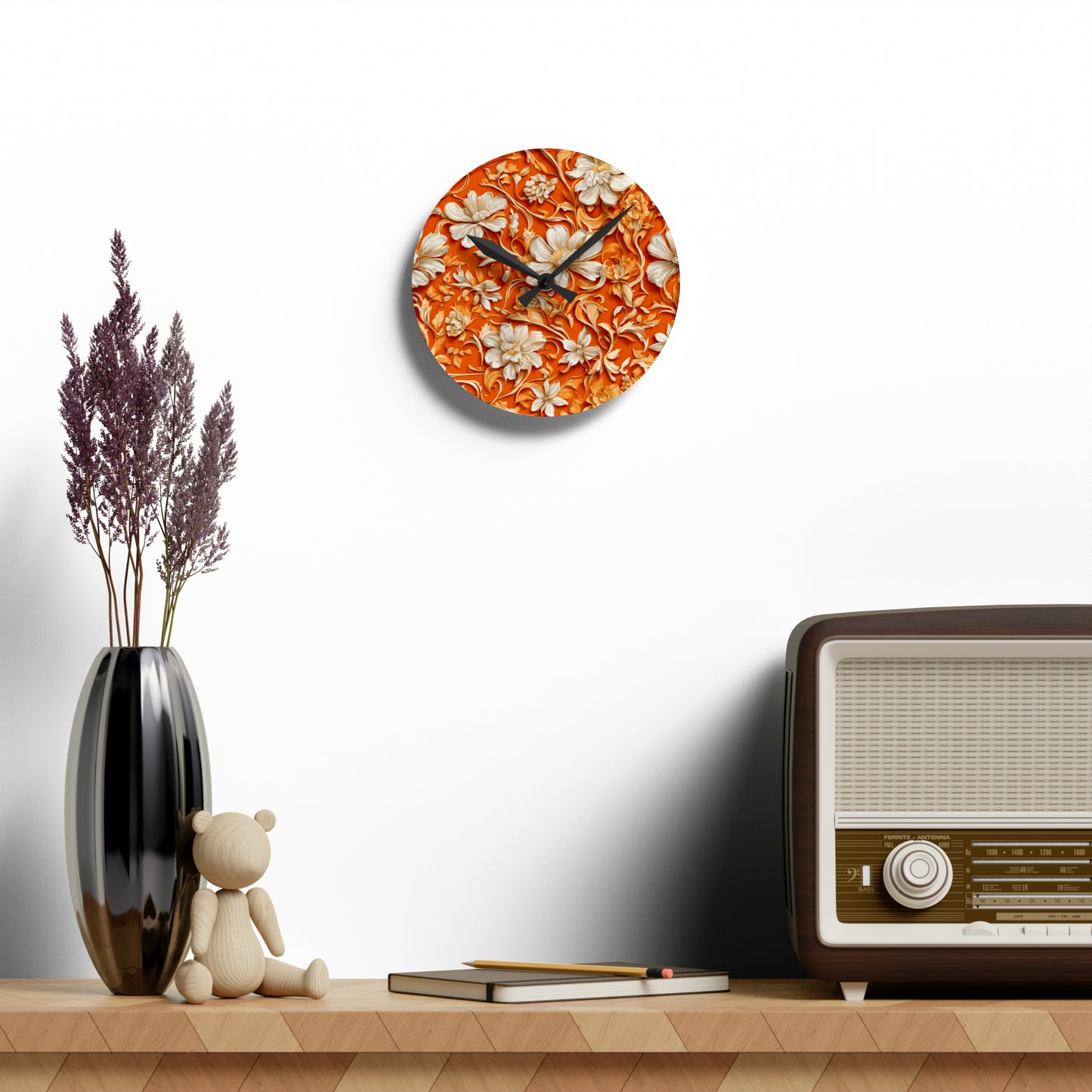 White Flowers on Apricot Acrylic Wall Clock