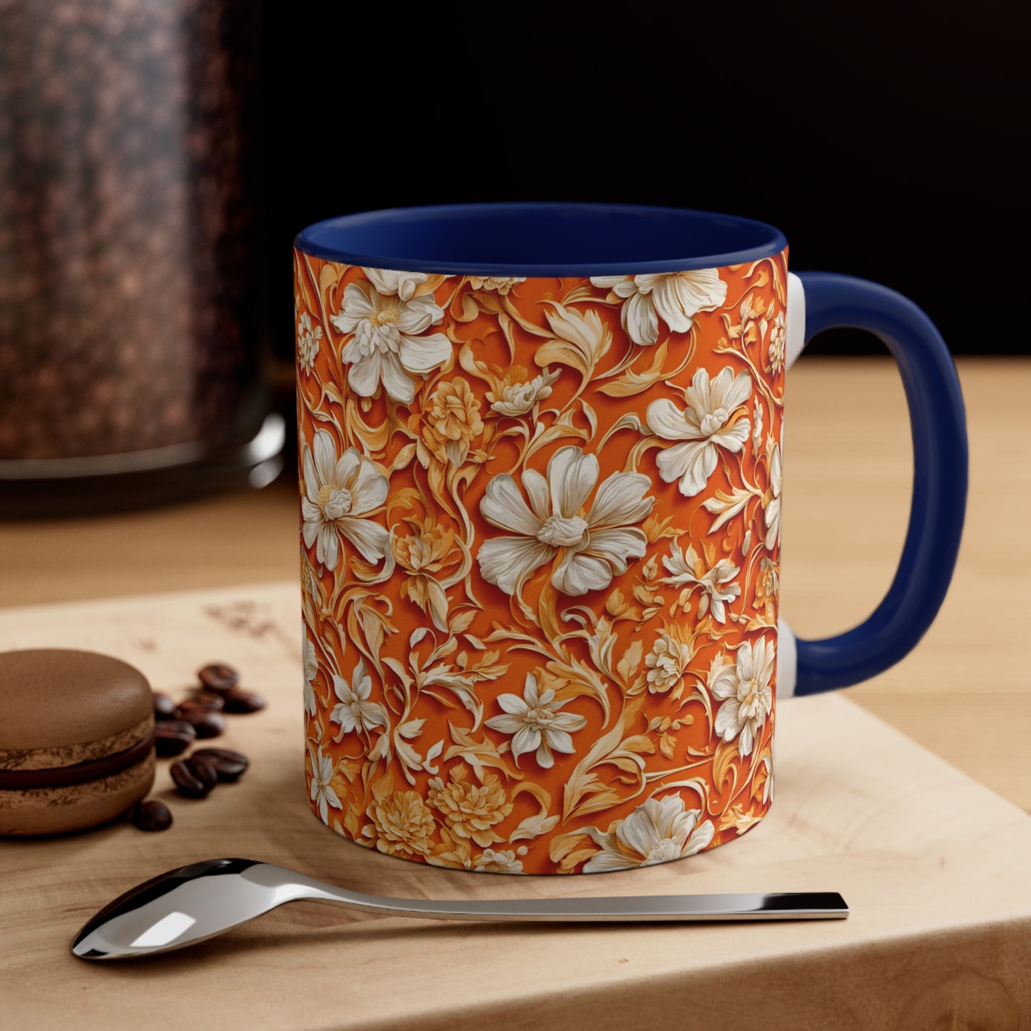 White Flowers on Apricot Coffee Mug, 11oz