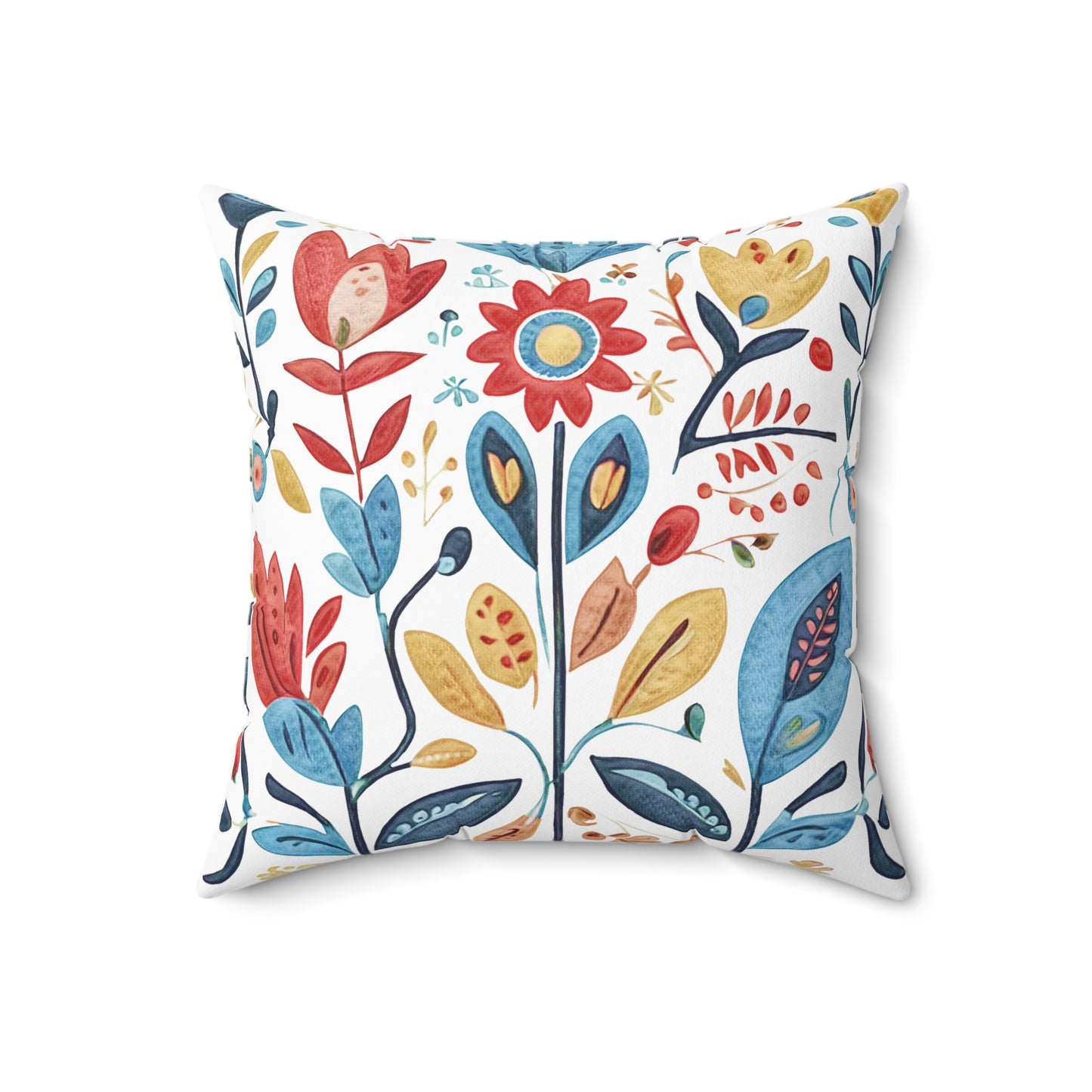 Bright and Colourful Folk Art Flowers, Polyester Square Pillow