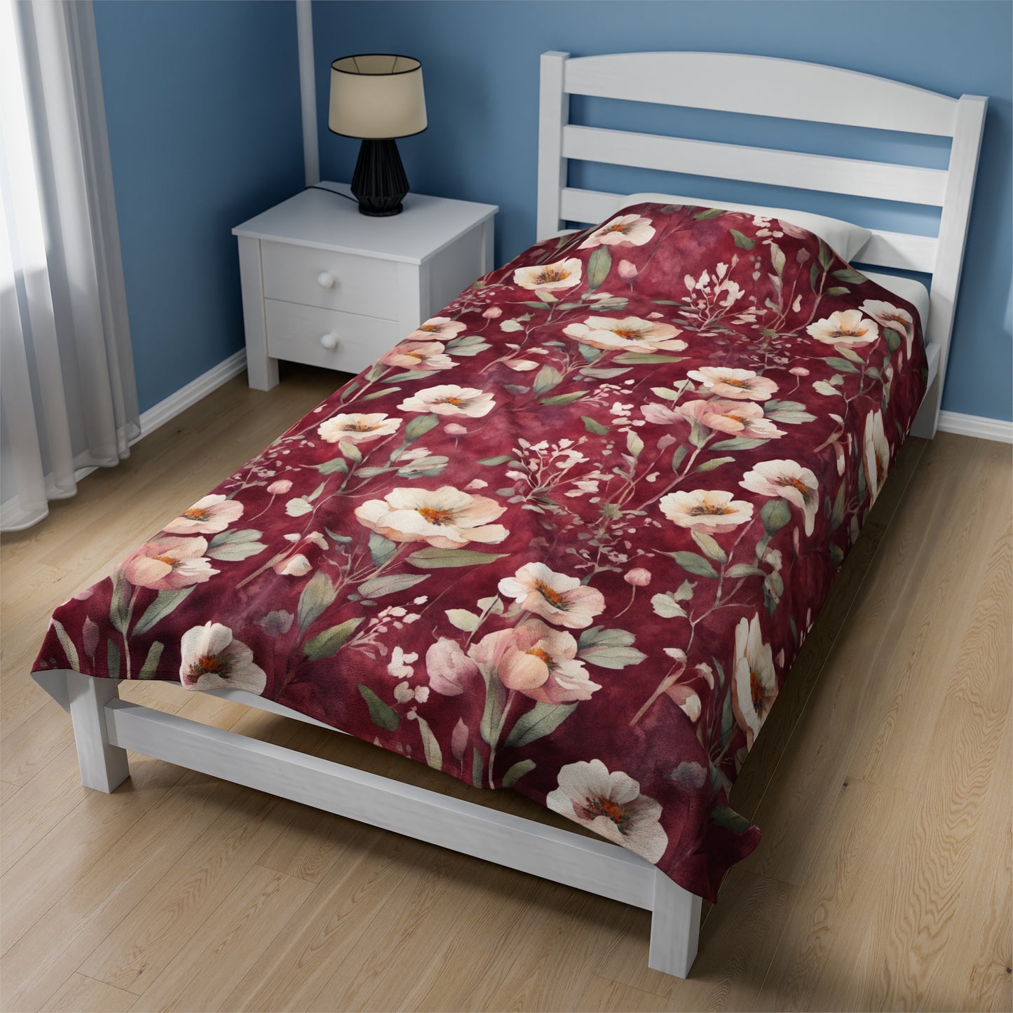 White Roses on Plum Red Velveteen Plush Blanket