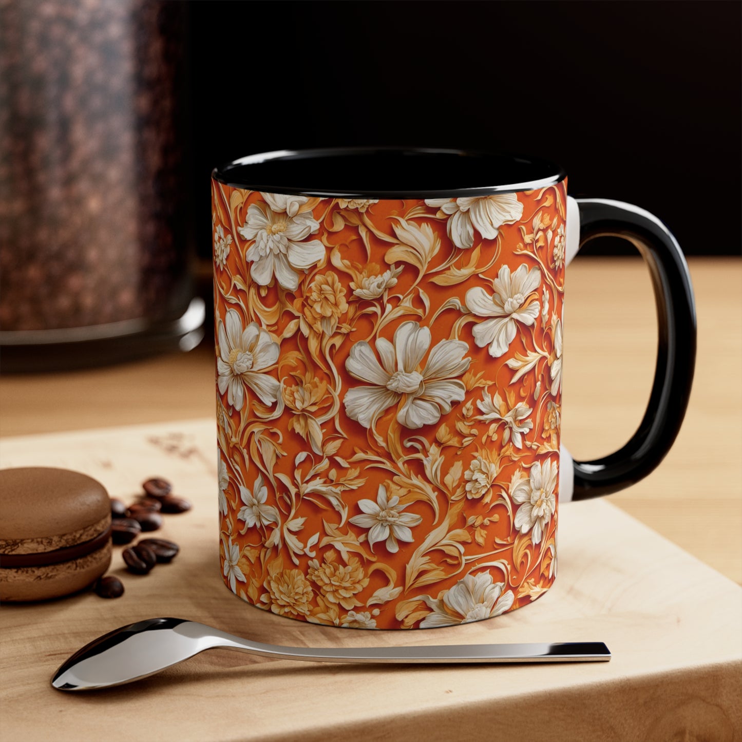 White Flowers on Apricot Coffee Mug, 11oz