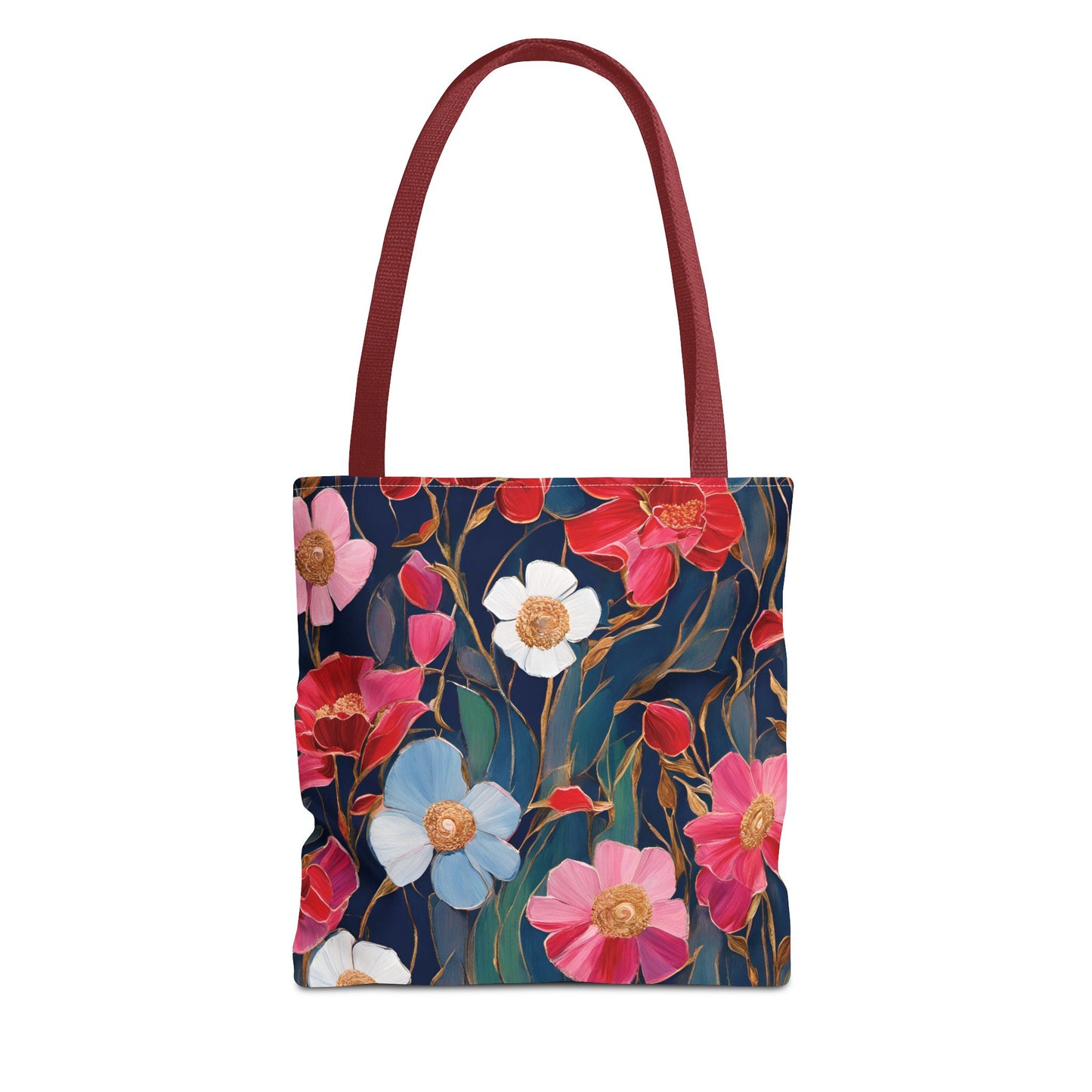 Red and Pink Poppies on Indigo, Tote Bag (AOP)