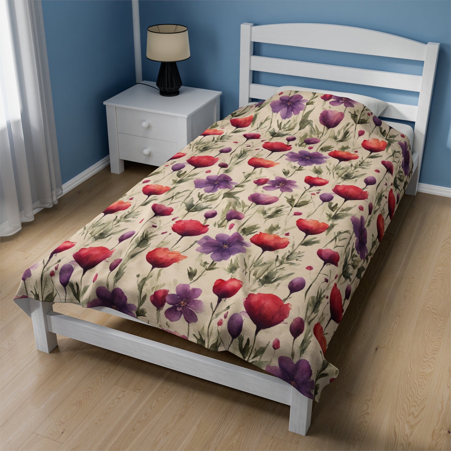 Poppies and Plum Flowers Velveteen Plush Blanket