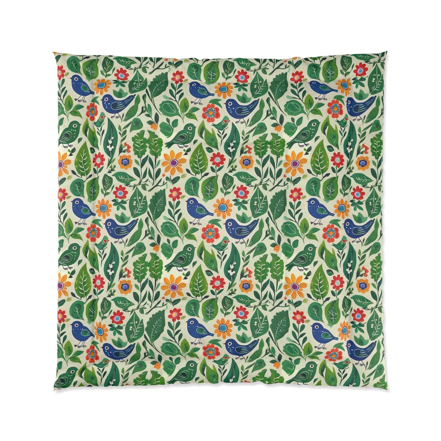 Bright Birds, Bright Green Leaves, Bright Flowers, Folk Art Comforter