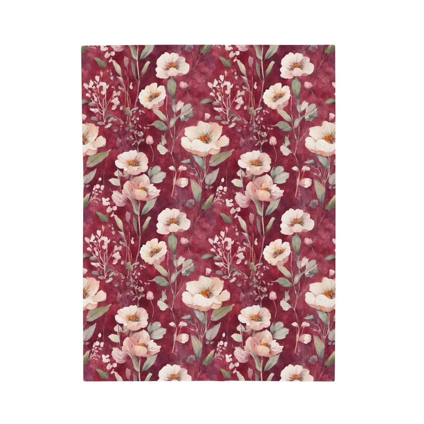 White Roses on Plum Red Velveteen Plush Blanket