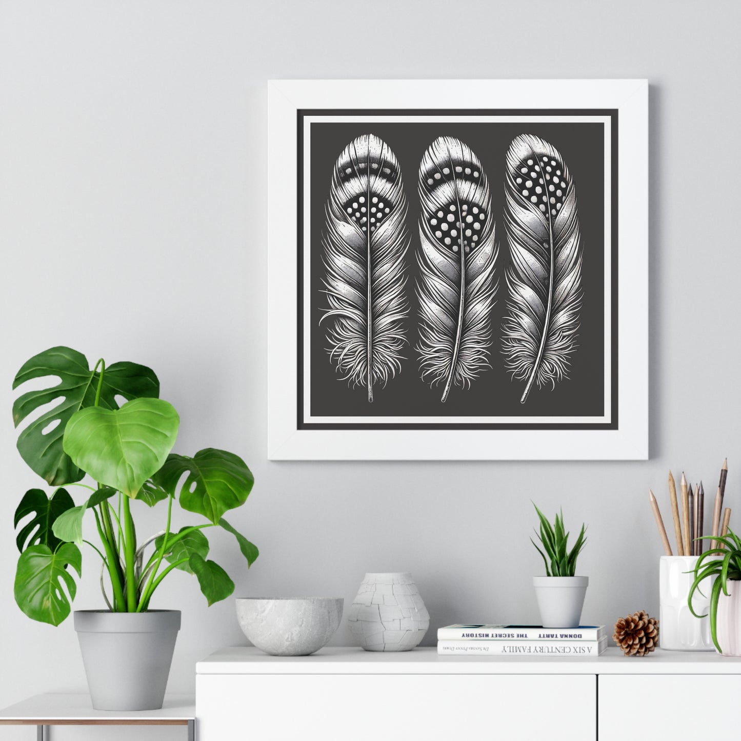 Black and White Speckled Feathers, Framed Square Poster