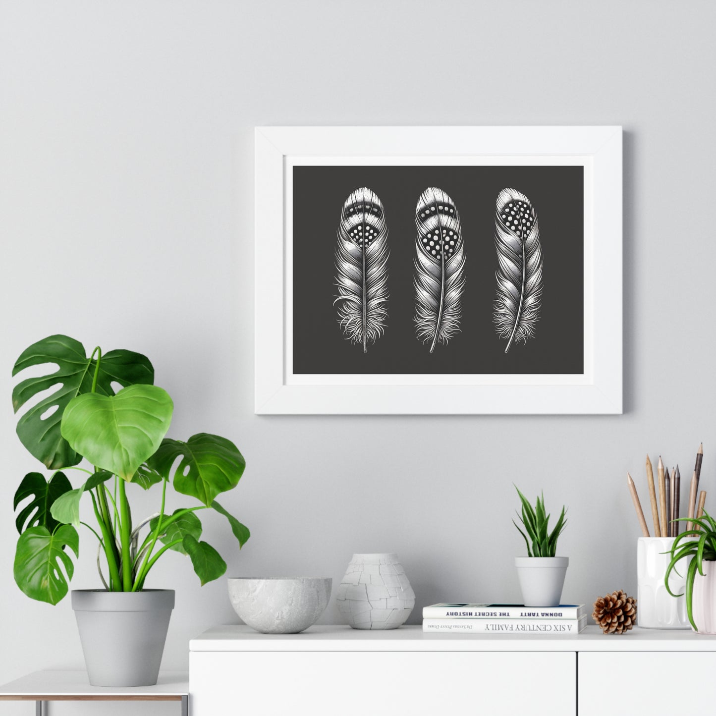 Black and White Speckled Feathers, Framed Horizontal Poster