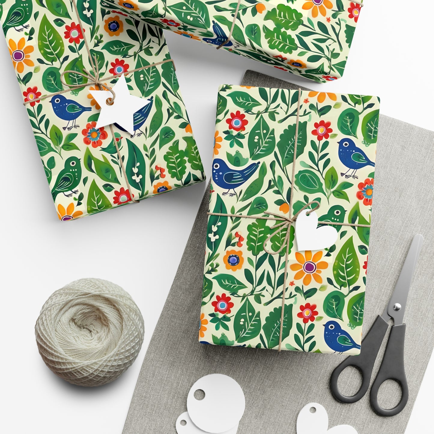 Bright Birds, Bright Green Leaves, Bright Flowers, Folk Art Gift Wrap Papers