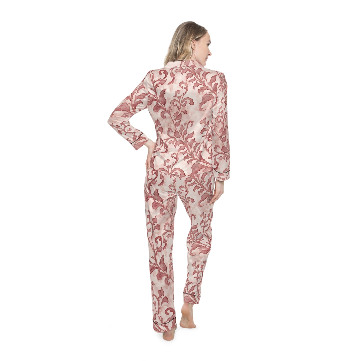 Climbing Pink Leaves, Women's Satin Pajamas (AOP)