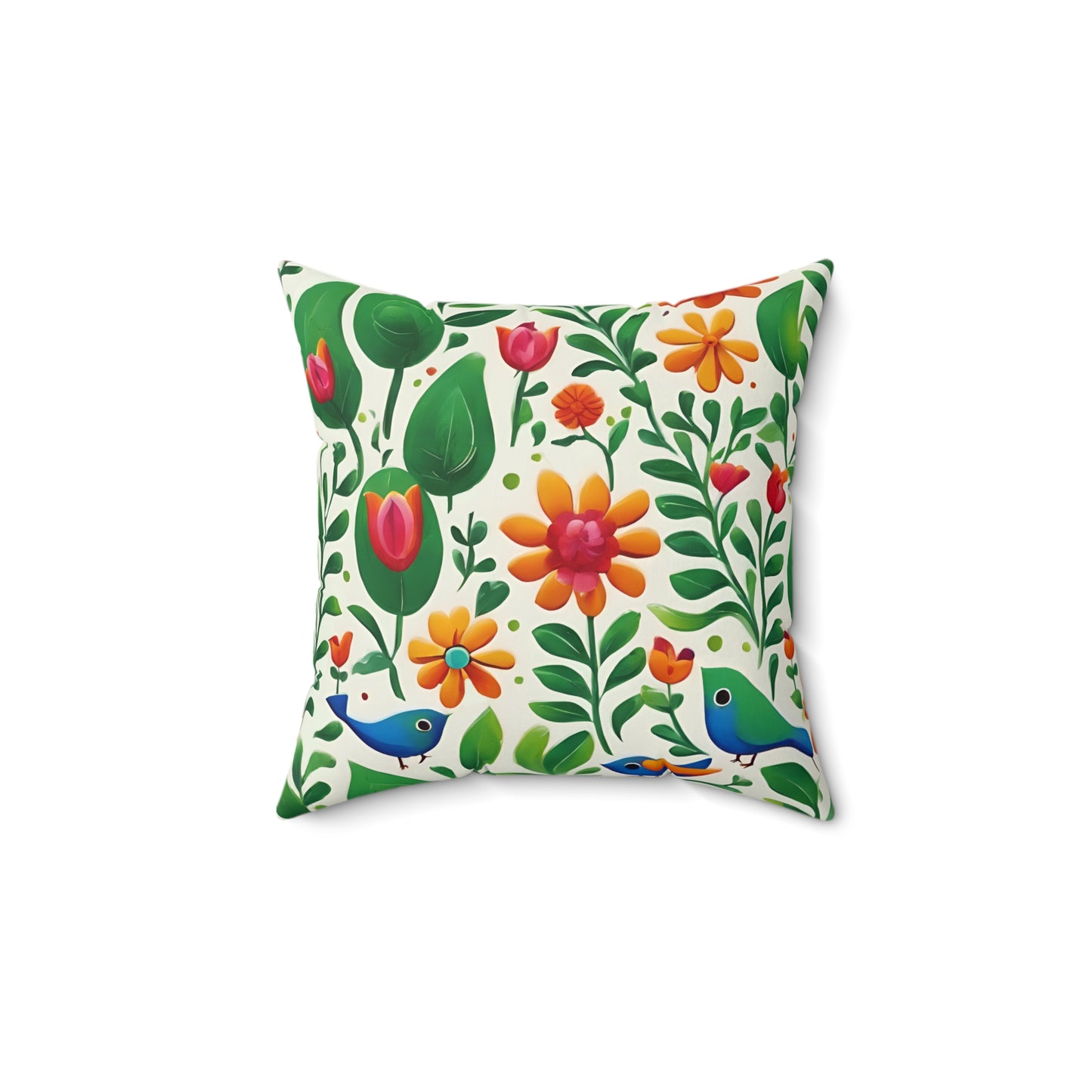 Bright Garden Birds, Leaves and Flowers Polyester Square Pillow