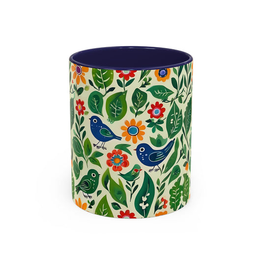 Bright Birds, Bright Green Leaves, Bright Flowers, Folk Art Coffee Mug, 11oz