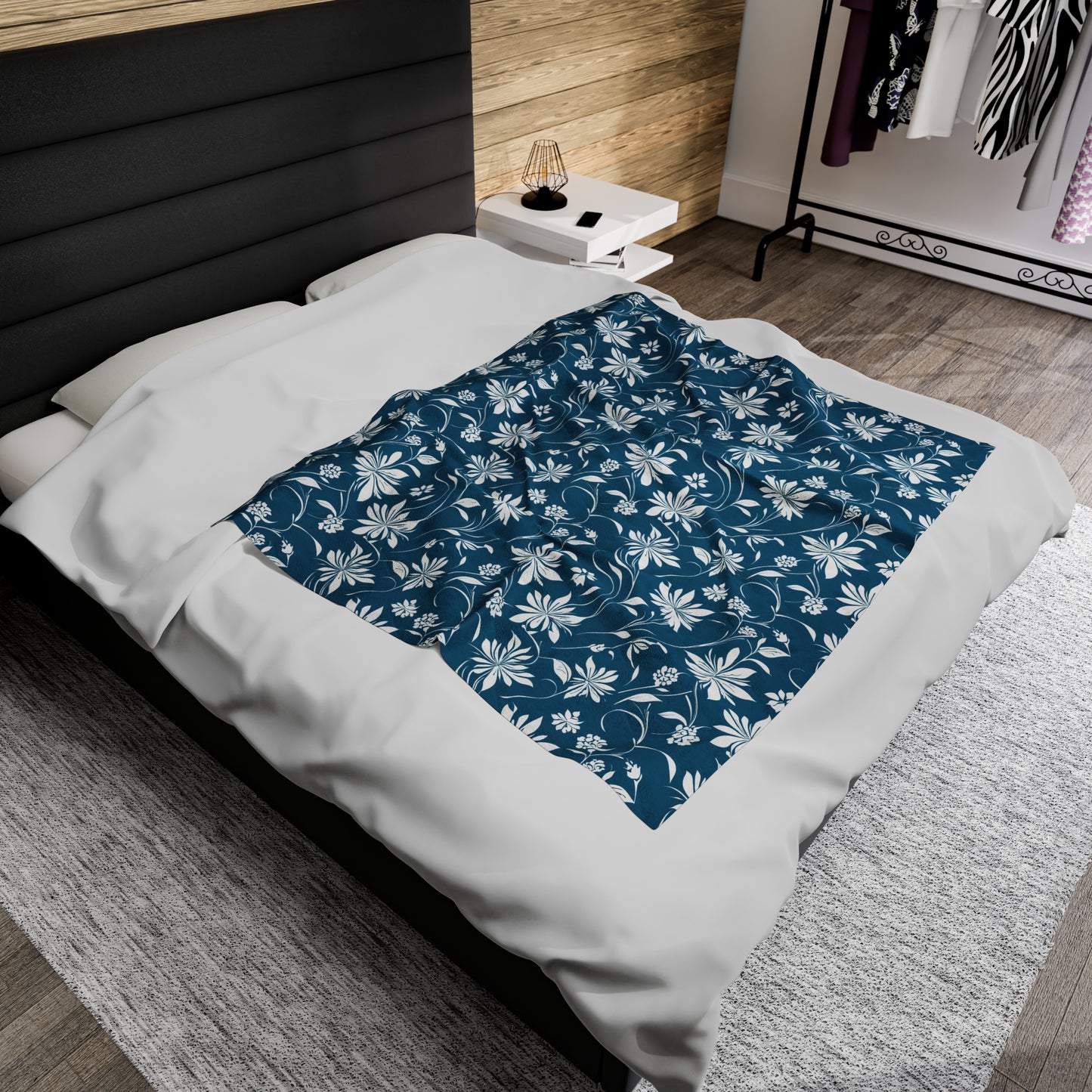 Simple White Flower on Dark Teal Pattern Velveteen Plush Blanket