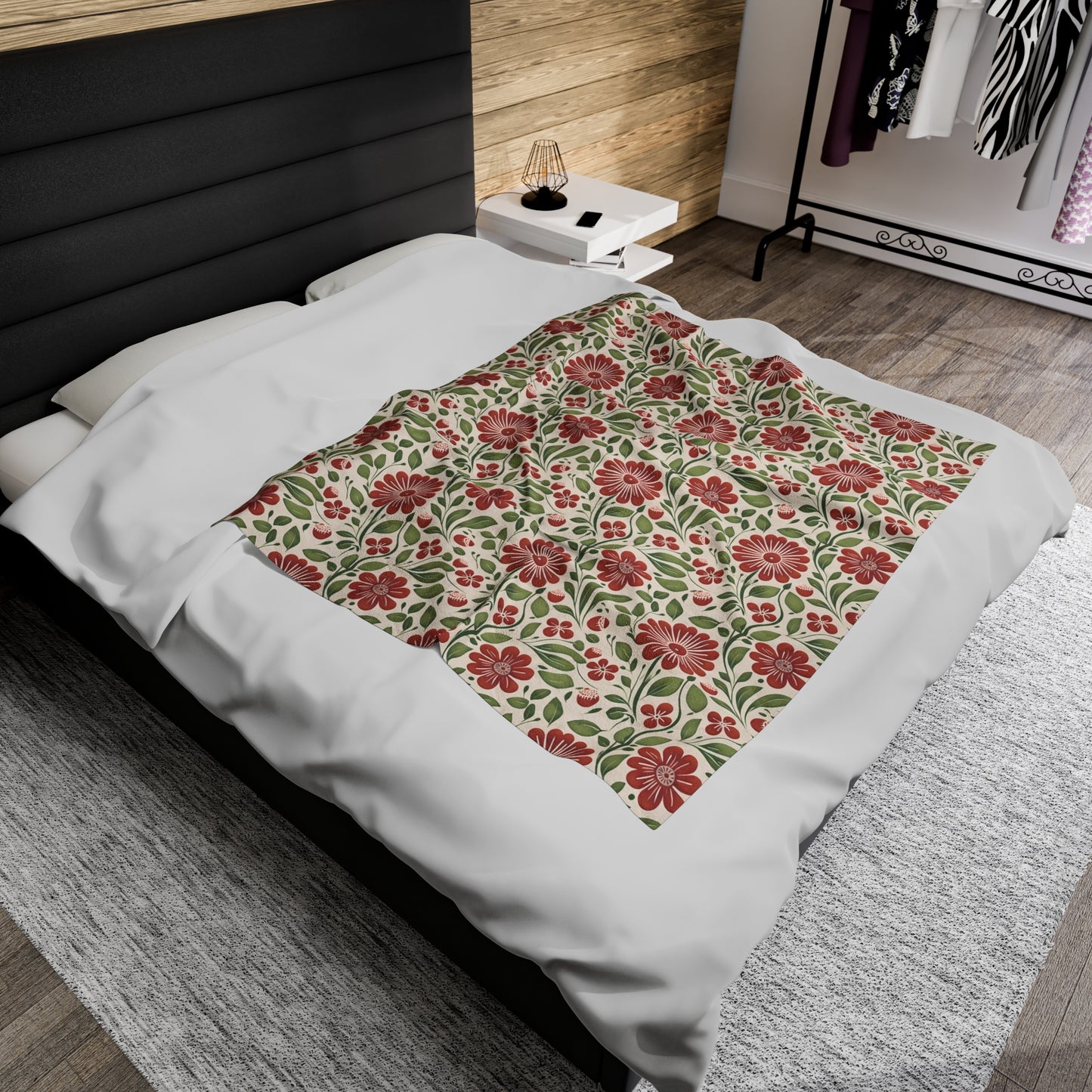 Strawberry Folk Art Flower, Velveteen Plush Blanket