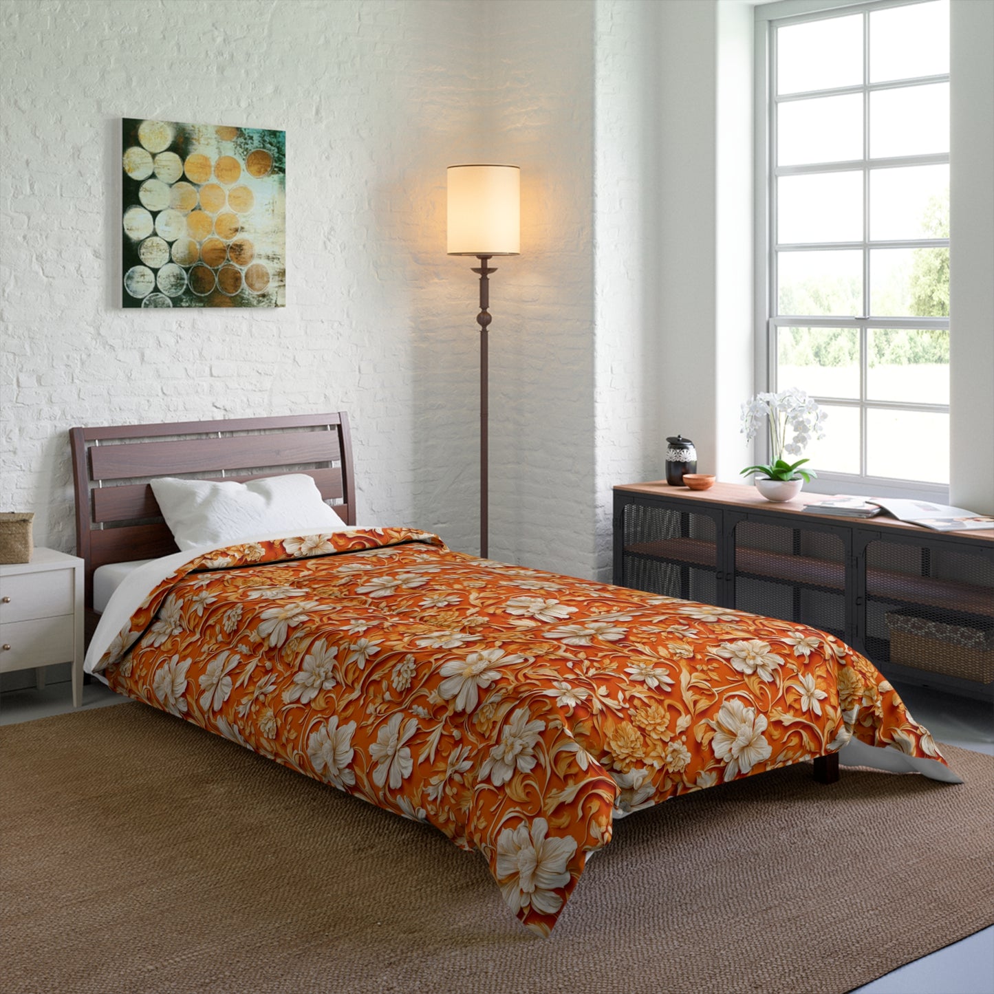 White Flowers on Apricot Comforter