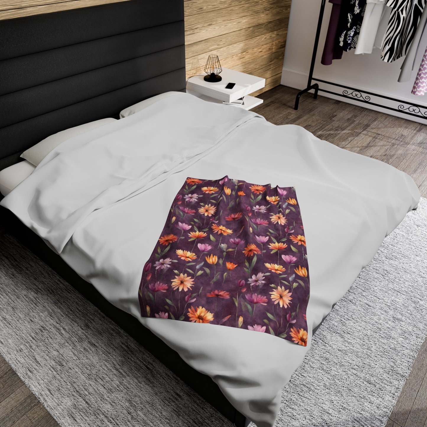 Wild Flowers on Plum Velveteen Plush Blanket