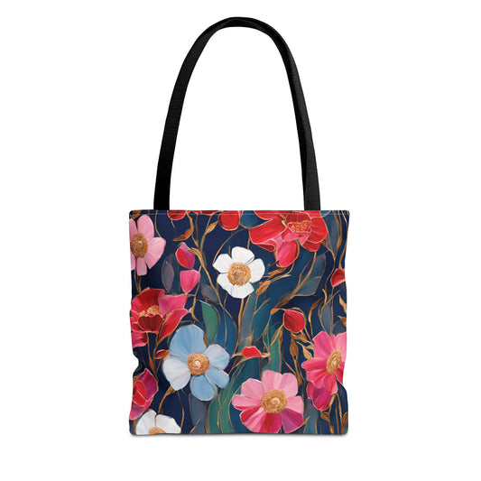 Red and Pink Poppies on Indigo, Tote Bag (AOP)