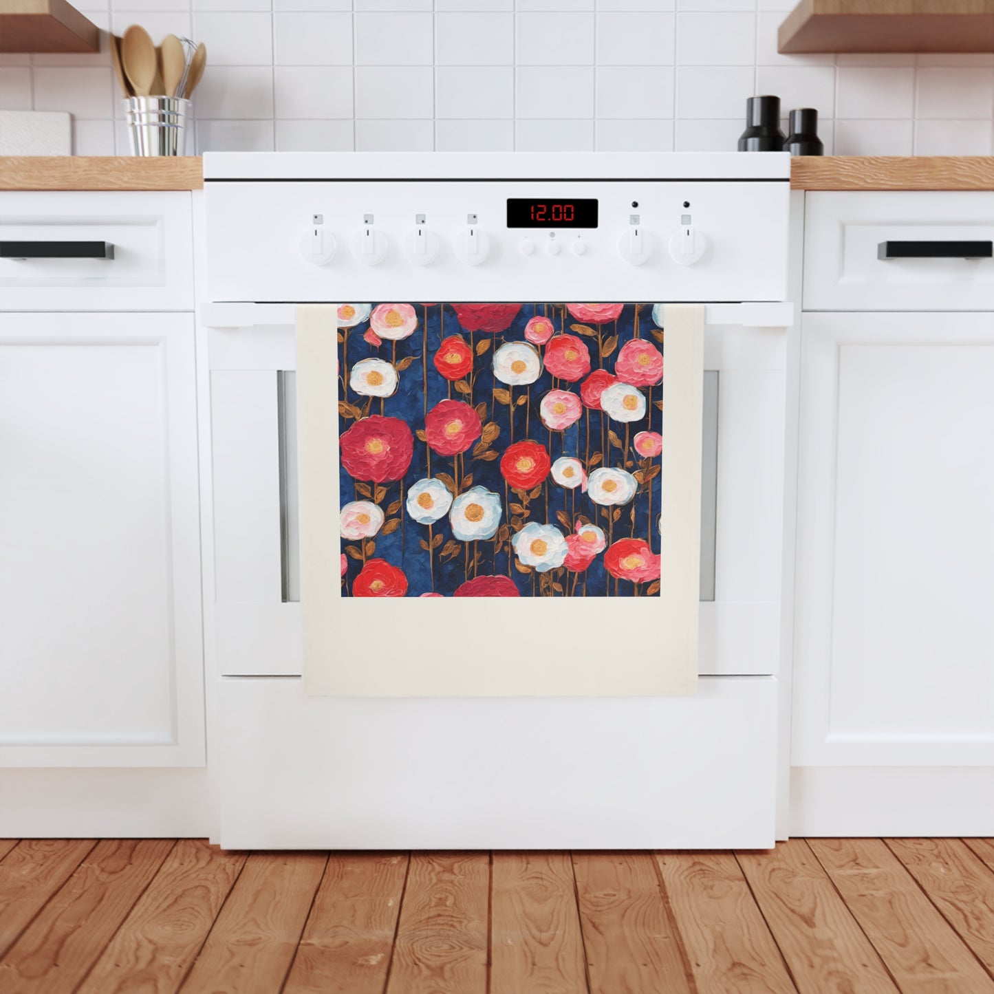 Poppy Splotches on Indigo Cotton Tea Towel