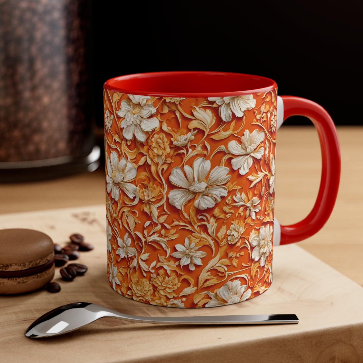 White Flowers on Apricot Coffee Mug, 11oz