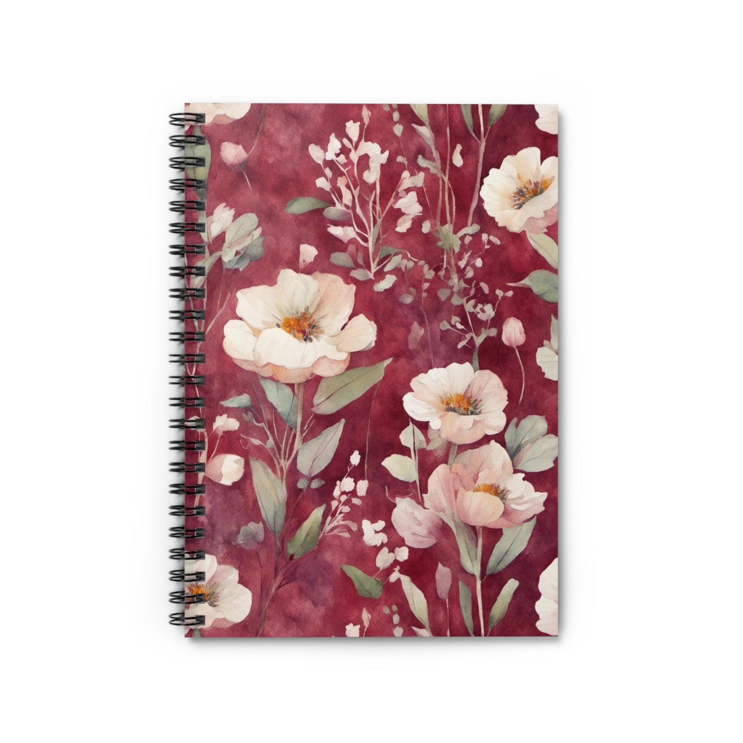 White Flowers on Plum-Red Spiral Notebook - Ruled Line