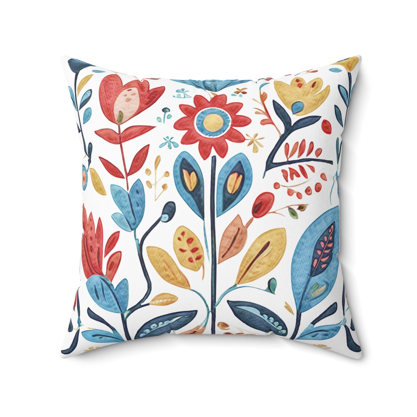 Bright and Colourful Folk Art Flowers, Polyester Square Pillow