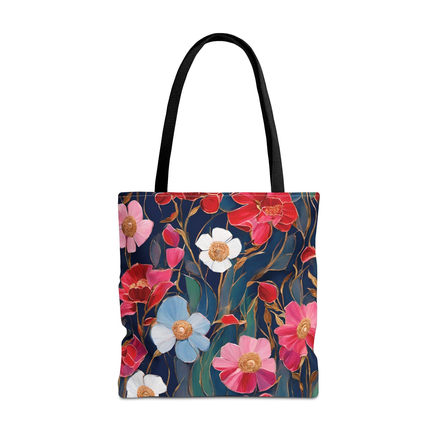 Red and Pink Poppies on Indigo, Tote Bag (AOP)