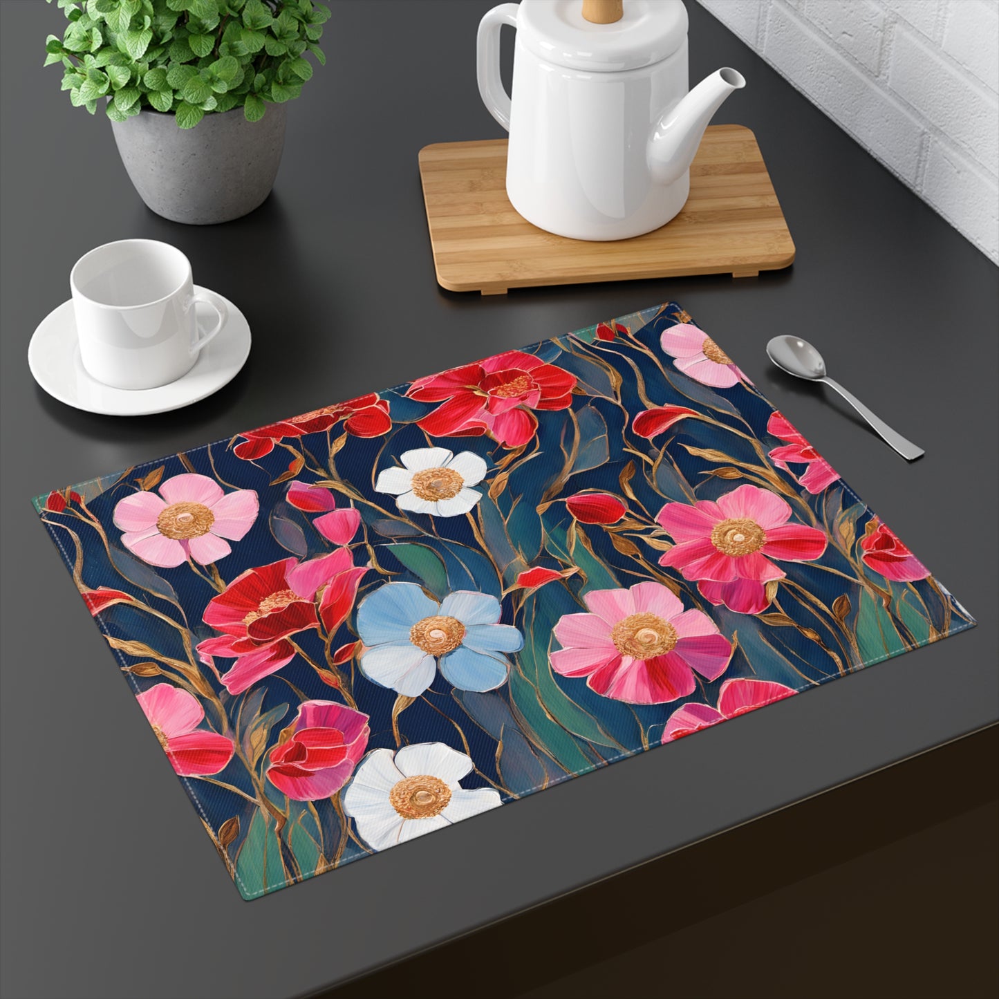 Red and Pink Poppies on Indigo, Placemat, 1pc