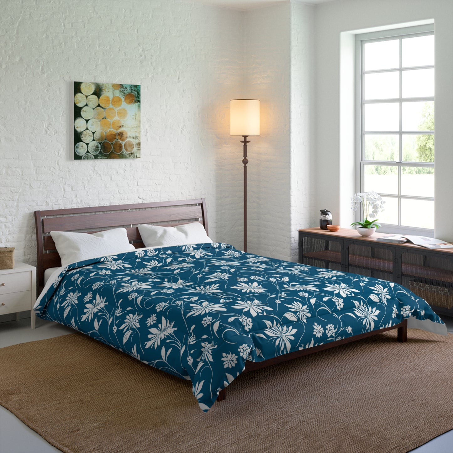 Simple White Flower on Dark Teal Pattern Comforter