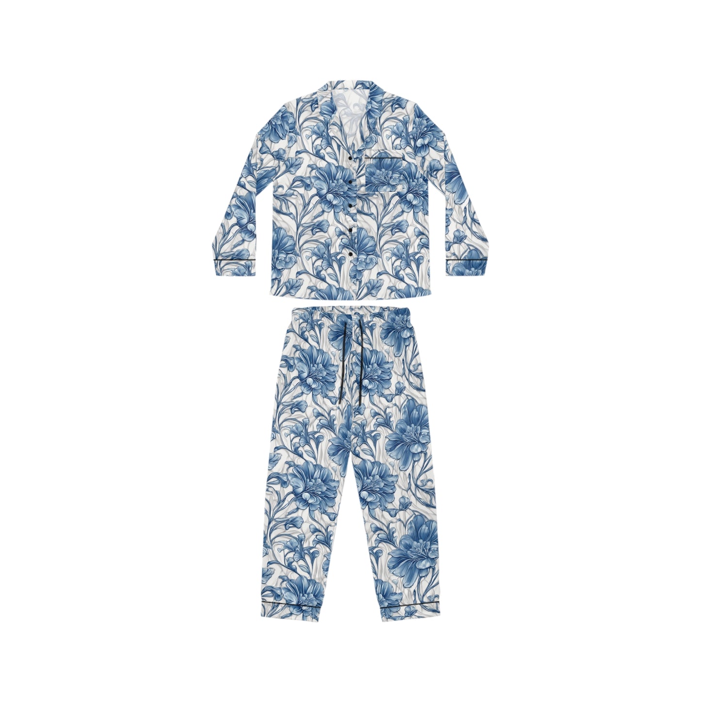 Blue & White Flowers Women's Satin Pajamas (AOP)