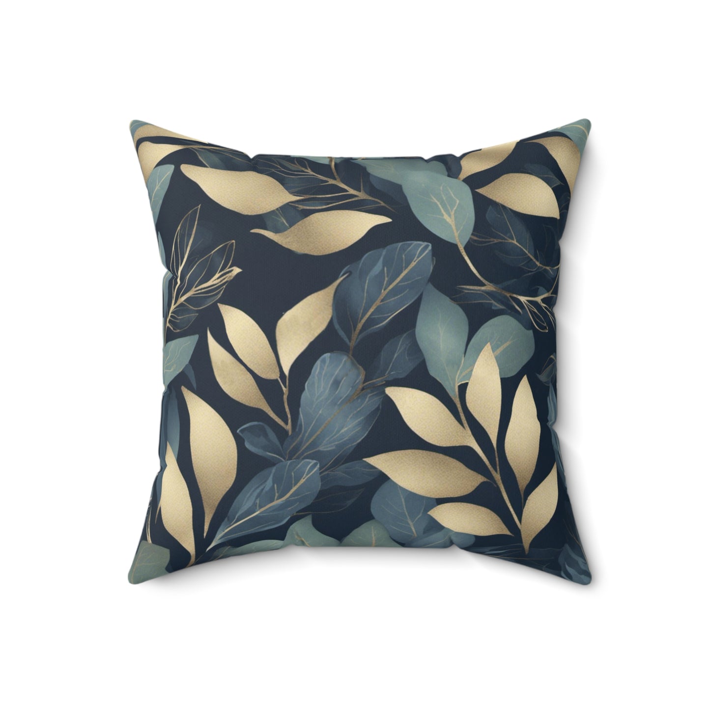 Green, Gold and Teal Leaves on Indigo Polyester Square Pillow