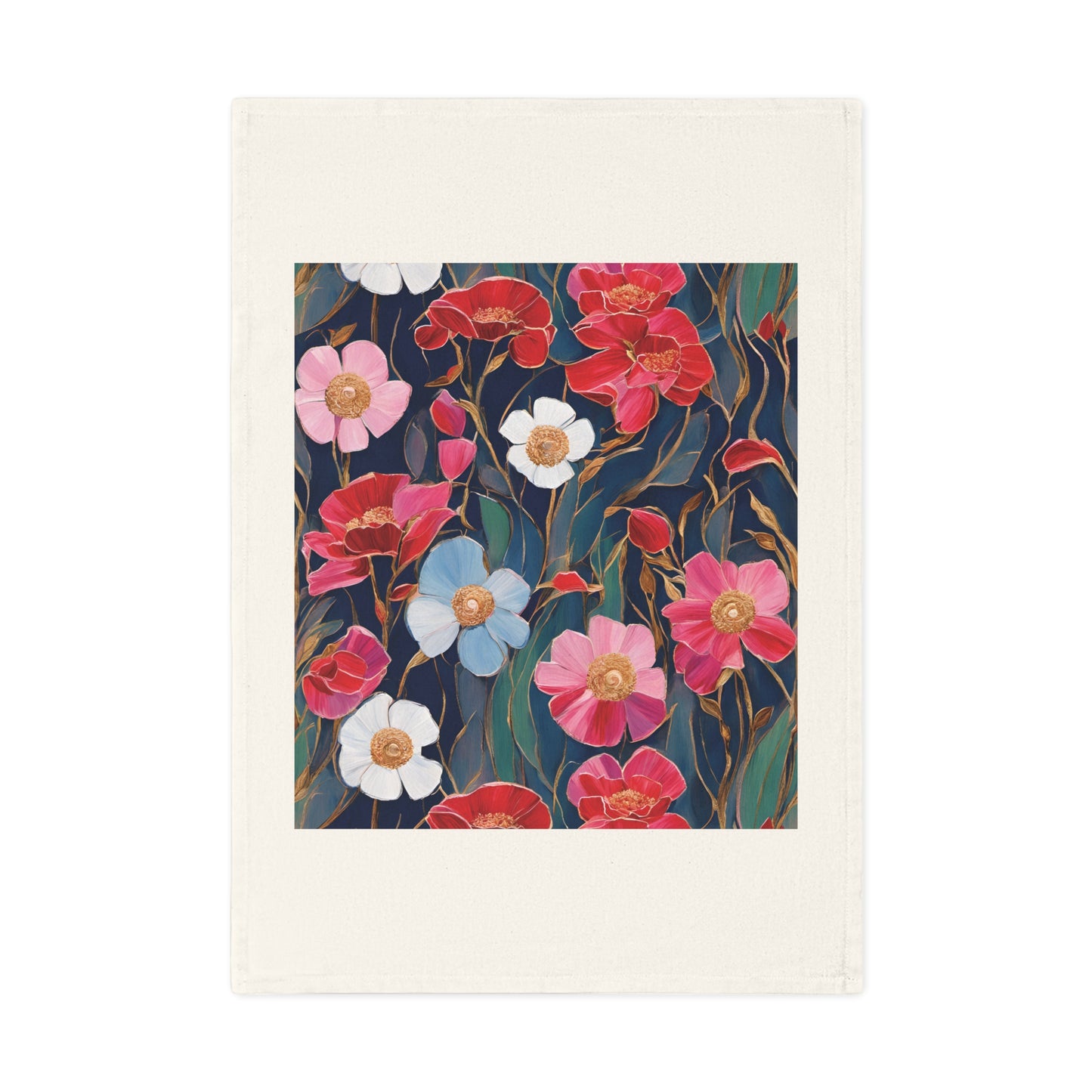 Red and Pink Poppies on Indigo, Cotton Tea Towel