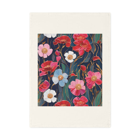 Red and Pink Poppies on Indigo, Cotton Tea Towel