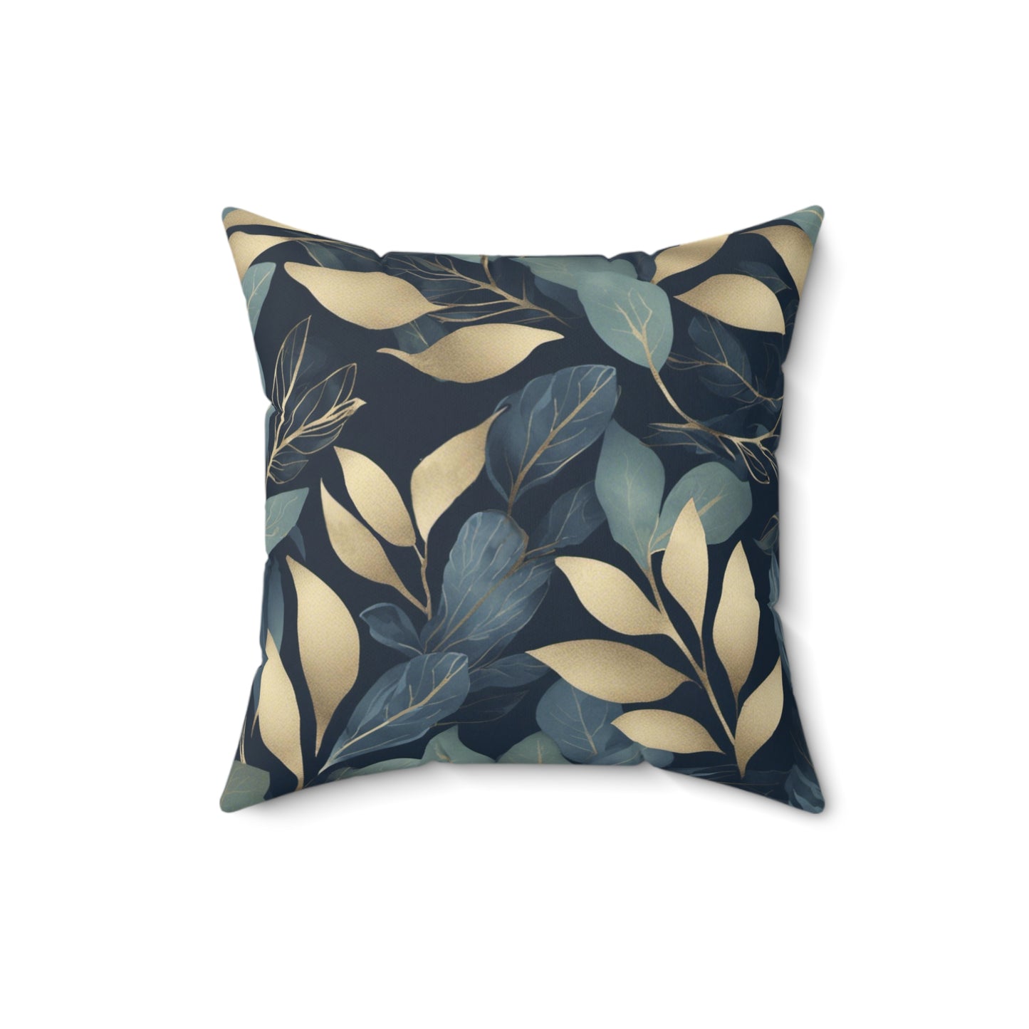 Green, Gold and Teal Leaves on Indigo Polyester Square Pillow