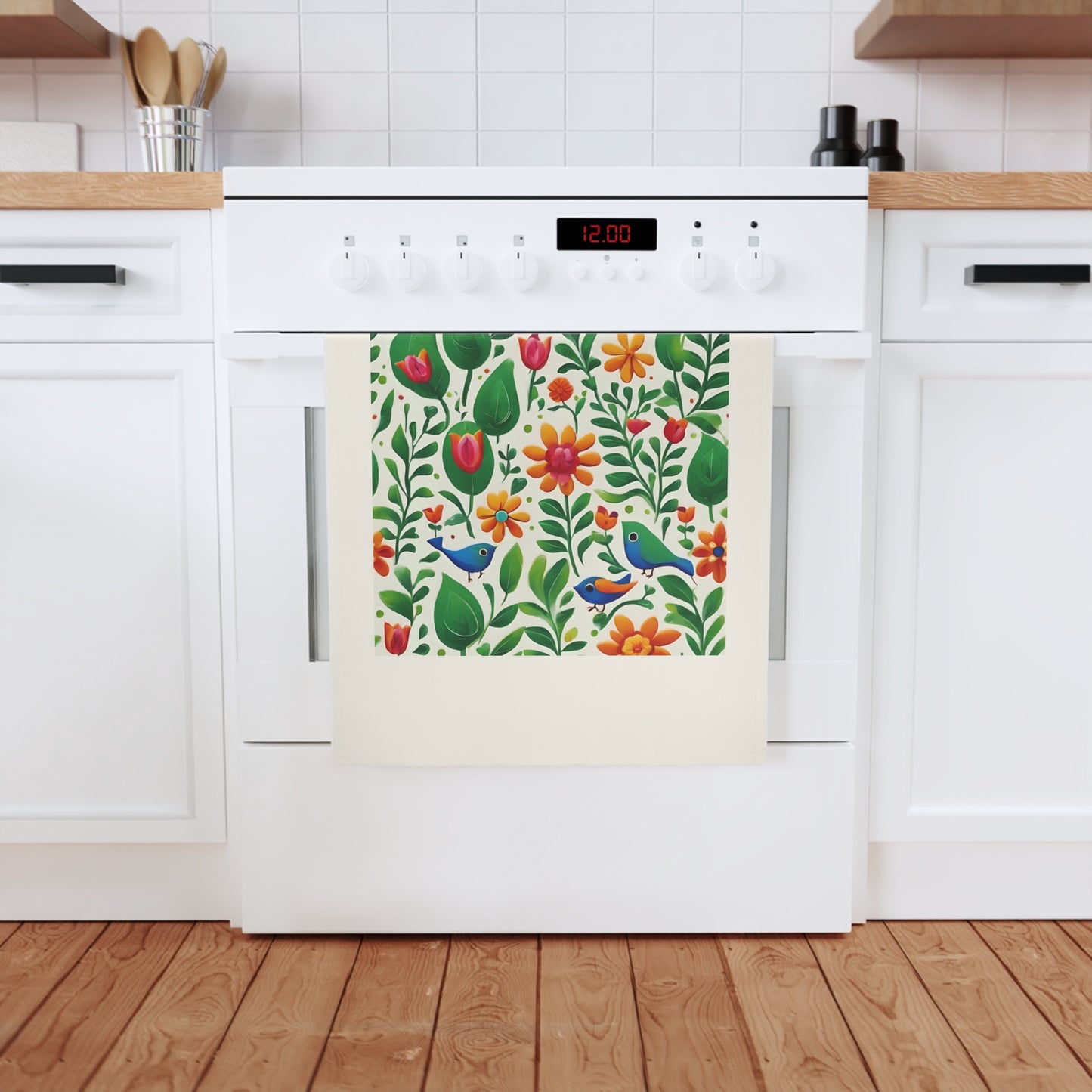 Bright Garden Birds, Leaves and Flowers Cotton Tea Towel