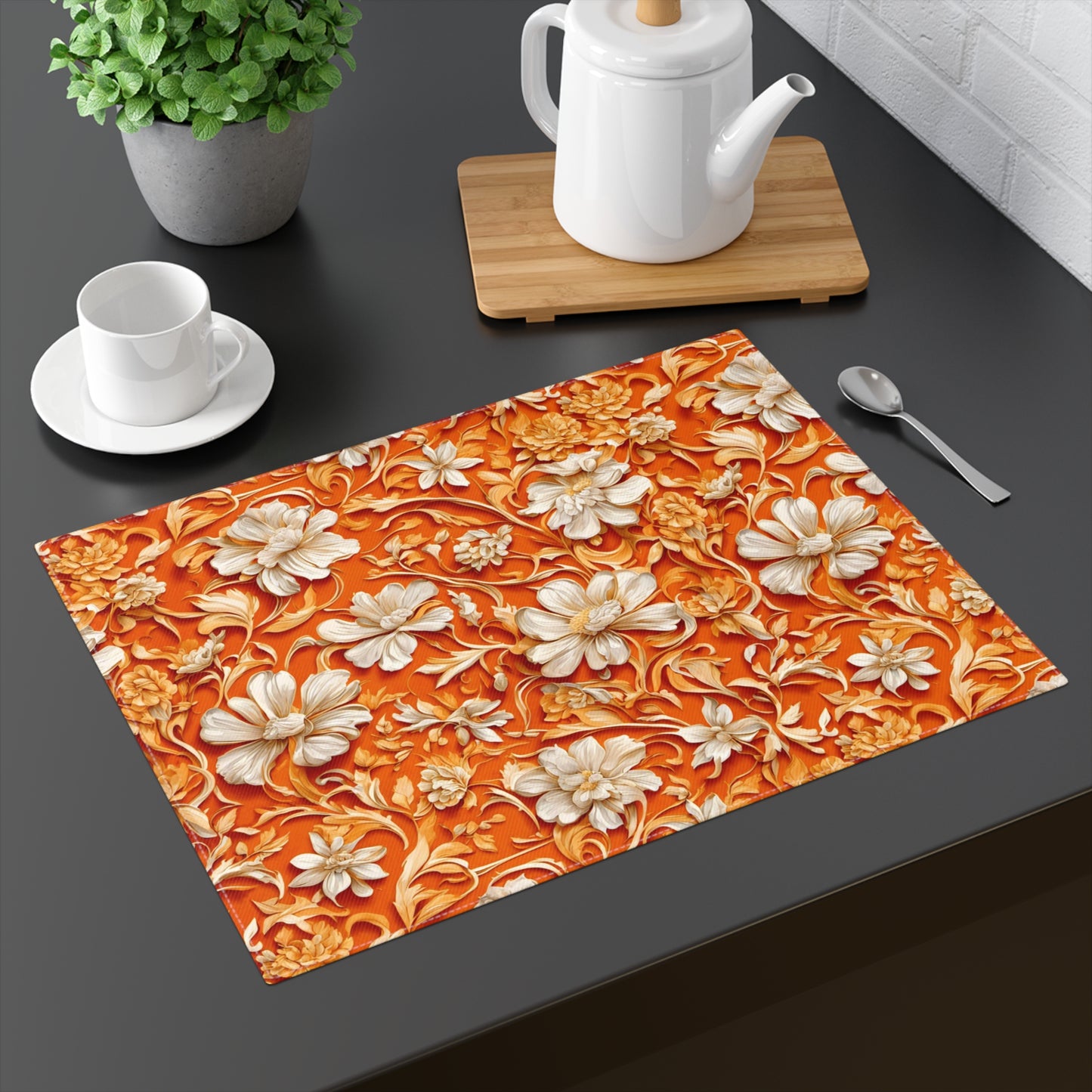 White Flowers on Apricot Placemat, 1pc