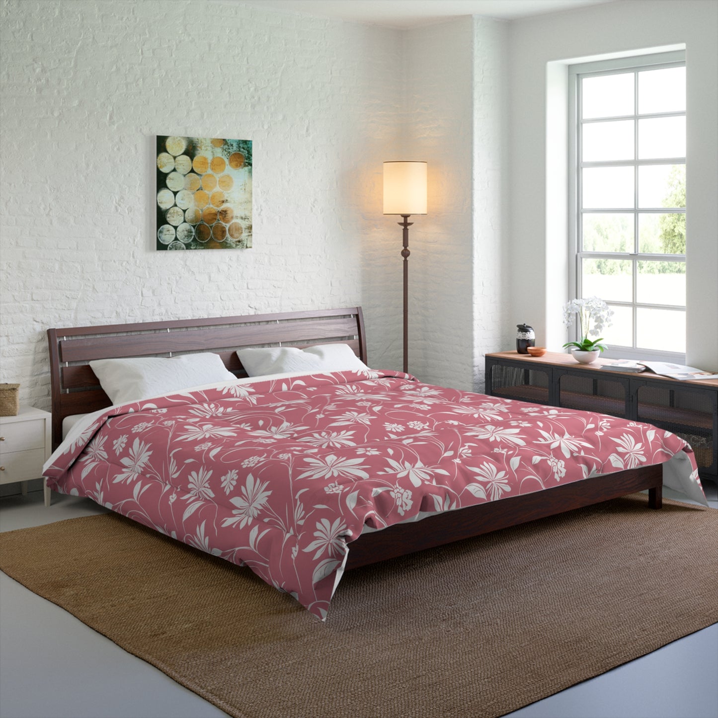 Simple White Flower on Pink Pattern Comforter