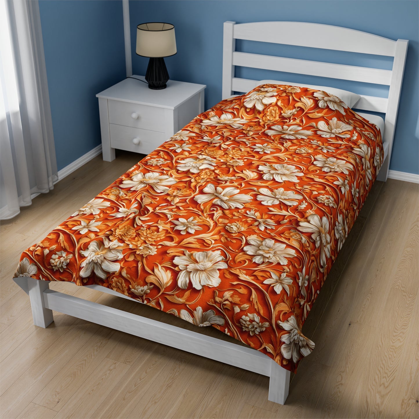 White Flowers on Apricot Velveteen Plush Blanket