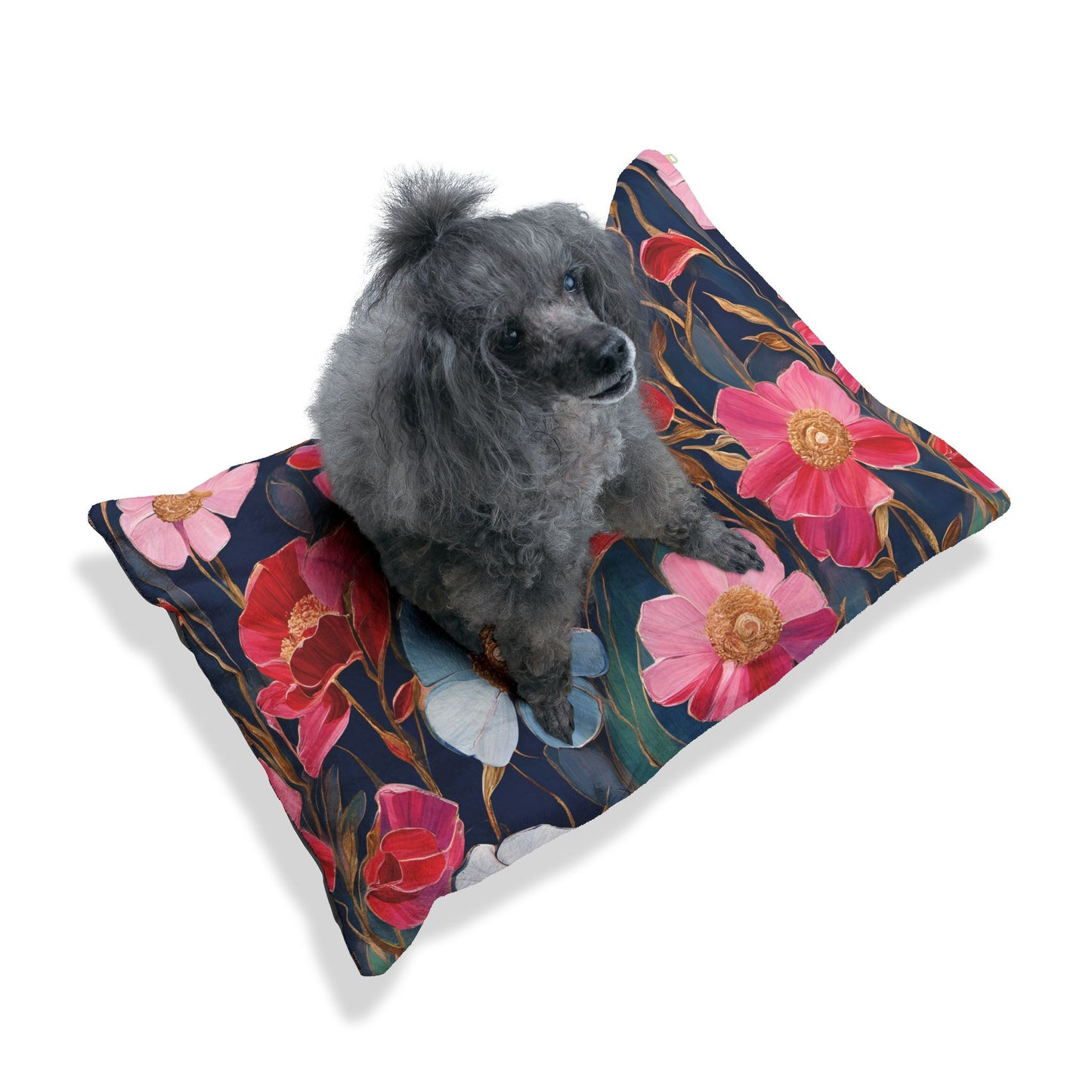 Red and Pink Poppies on Indigo, Puppy Mattress, Pet Bed.