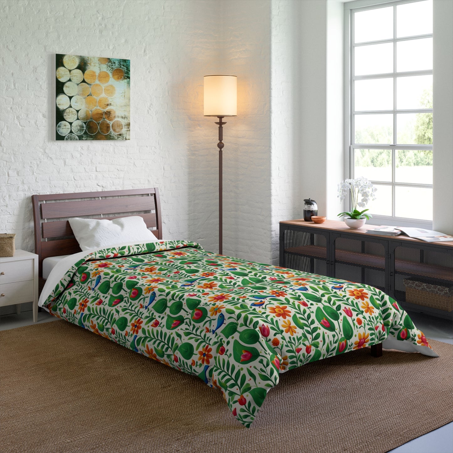 Bright Garden Birds, Leaves and Flowers Comforter